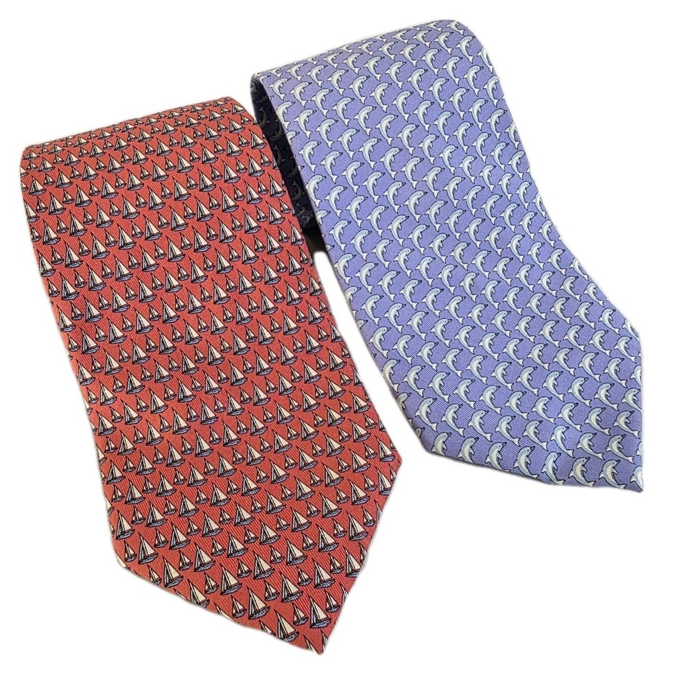 Lot of 2 Silk Vineyard Vines Ties Martha's Vineyard Shep & Ian Sailboat Dolphins